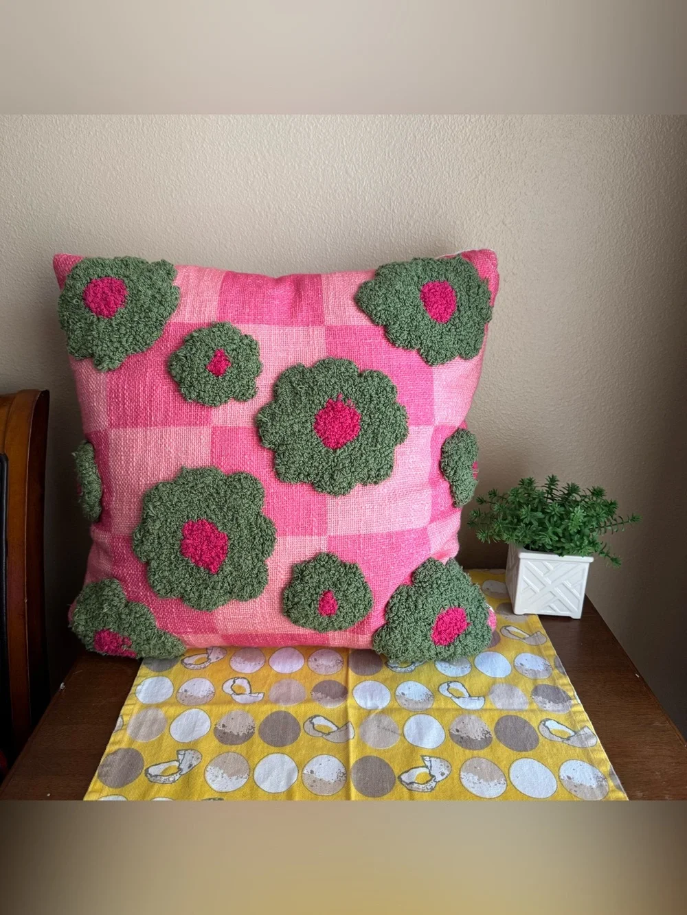 Tuft checkerboard green and pink floral pillow